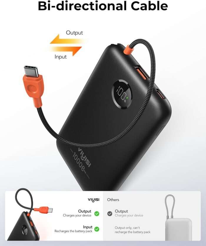 VIYISI Portable Charger 10000mAh 22.5W Fast Charging, Slim Power Bank with Built-in Cables & LED Display, USB C Battery Pack for iPhone 16/15, Samsung, iPad and Android Phones, Ideal for Travel -Black - Image 5