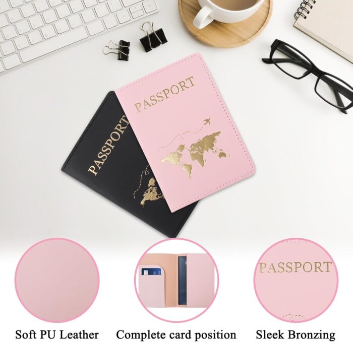 FuninCrea Passport Holder, PU Leather Passport Cover Travel Wallet with Multiple Slots, Slim Passport Wallet with Golden Pattern for Passport, Business Cards, Credit Cards, Boarding Passes (Pink) - Image 3