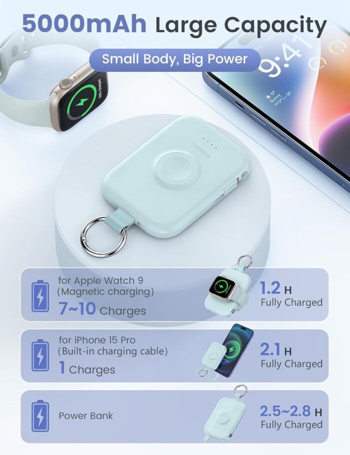 RORRY Portable Charger, 5000mAh Portable Charger Power Bank with Built-in Cables, Travel Keychain Battery Pack for Apple Watch Ultra 3/2/11/10/9/8/Ultra/7/6/SE, iPhone 17/16/15/14/13/12, Blue - Image 3