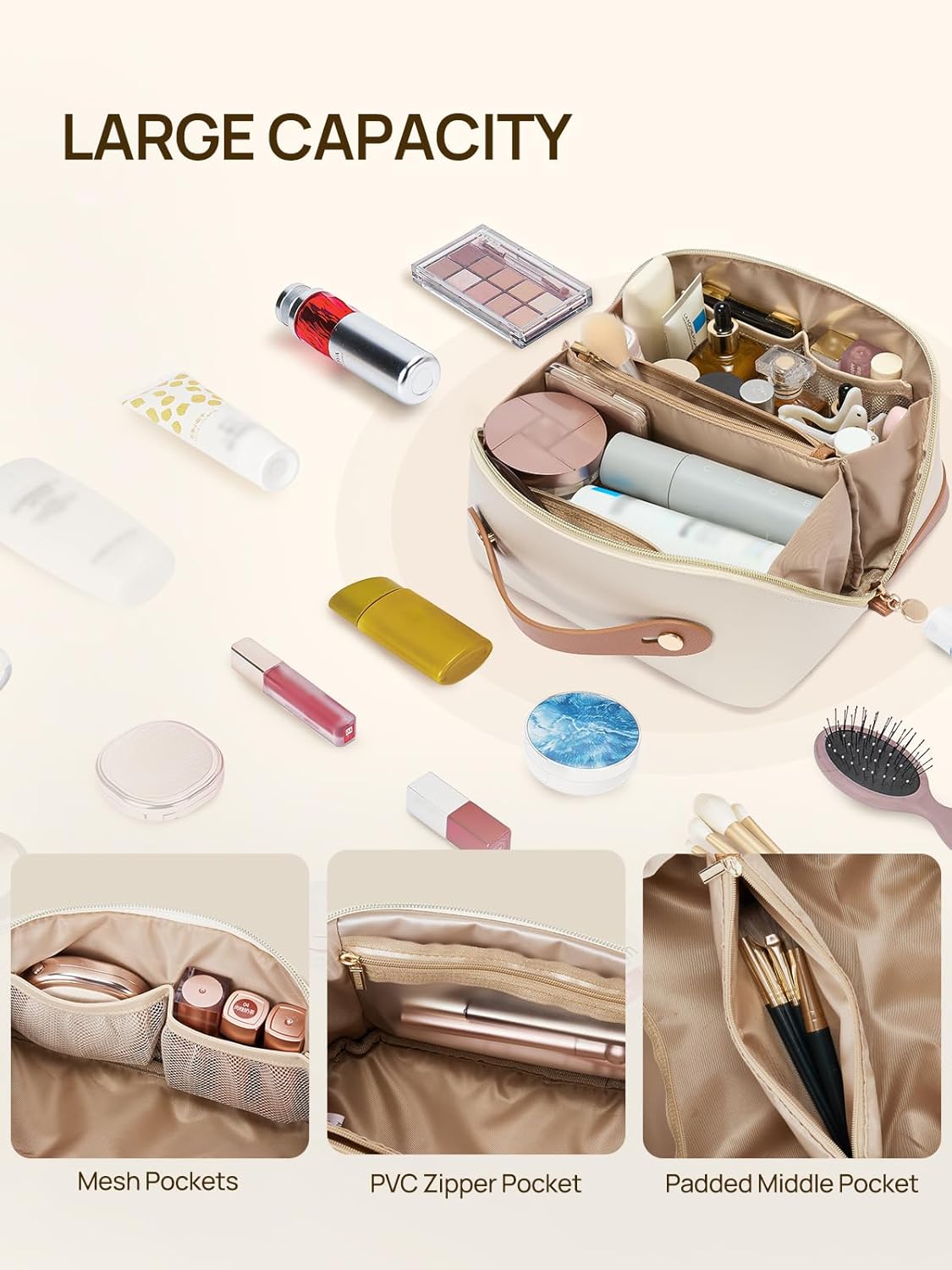 Telena Makeup Bag Large Capacity Travel Cosmetic Bag Portable PU Leather Waterproof Makeup Organizer Bags for Women with Handle and Divider Open Flat Beige with Brown - Image 4