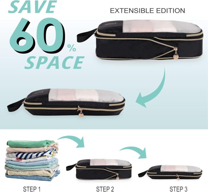 See Through Expandable Compression Packing Cubes, Mesh Travel Packing Cubes for Suitcases, Lightweight Organizers Bag Set for Travel Essentials for Luggage(Black,6 Set) - Image 5