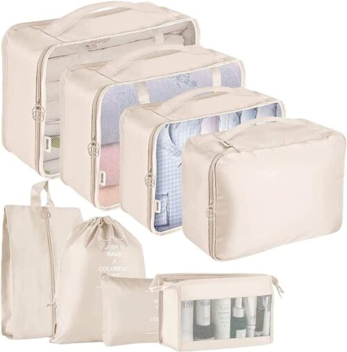 Voniry 8 Set Packing Cubes - Waterproof Mesh Travel Luggage Packing Organizer with Shoes Bag(Beige)