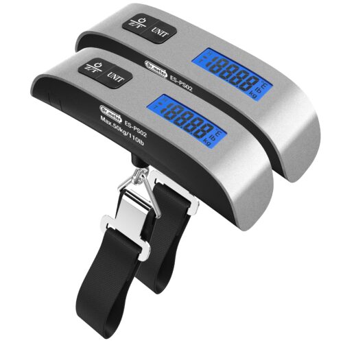 2 Packs of 110lb/50kg Luggage Scale, Dr.meter Backlit LCD Display Electronic Balance Digital Hanging Scale with Rubber Paint Handle, Travel Essentials, Temperature Sensor-Silver