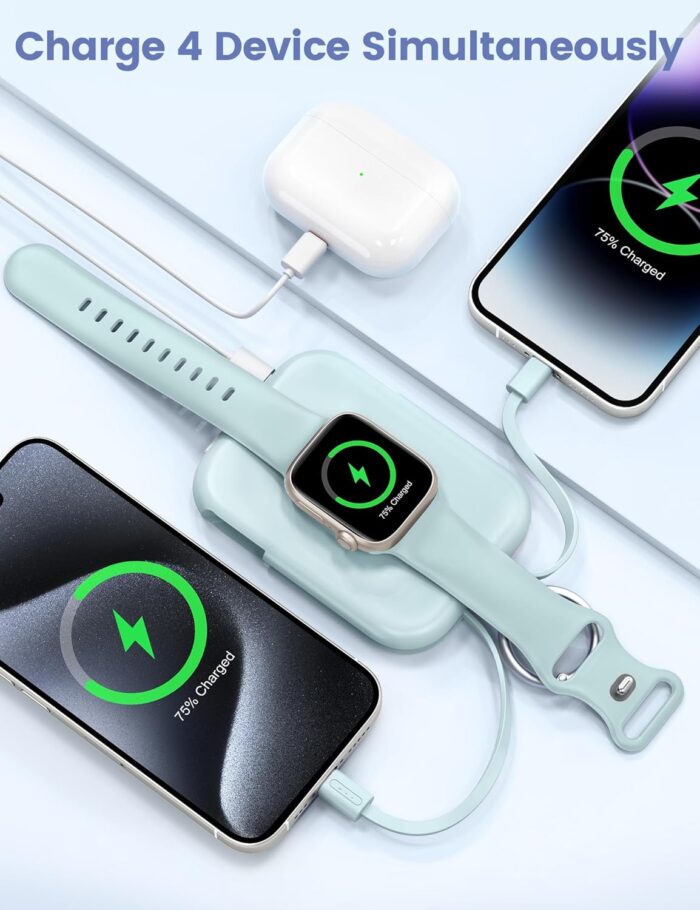 RORRY Portable Charger, 5000mAh Portable Charger Power Bank with Built-in Cables, Travel Keychain Battery Pack for Apple Watch Ultra 3/2/11/10/9/8/Ultra/7/6/SE, iPhone 17/16/15/14/13/12, Blue - Image 4
