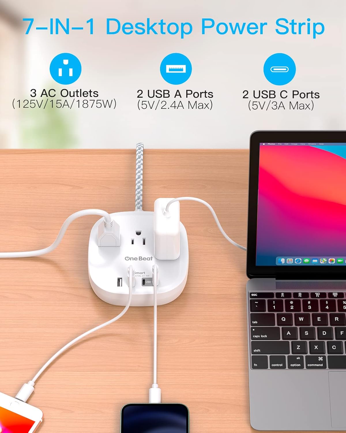 One Beat Flat Plug Power Bar with USB C, 5FT Ultra-Thin Extension Cord, 3 Outlet with 4 USB Ports (2 USB C) Desktop Charging Station, No Surge Protection for Cruise Ship, Travel Essentials, Dorm Room - Image 4