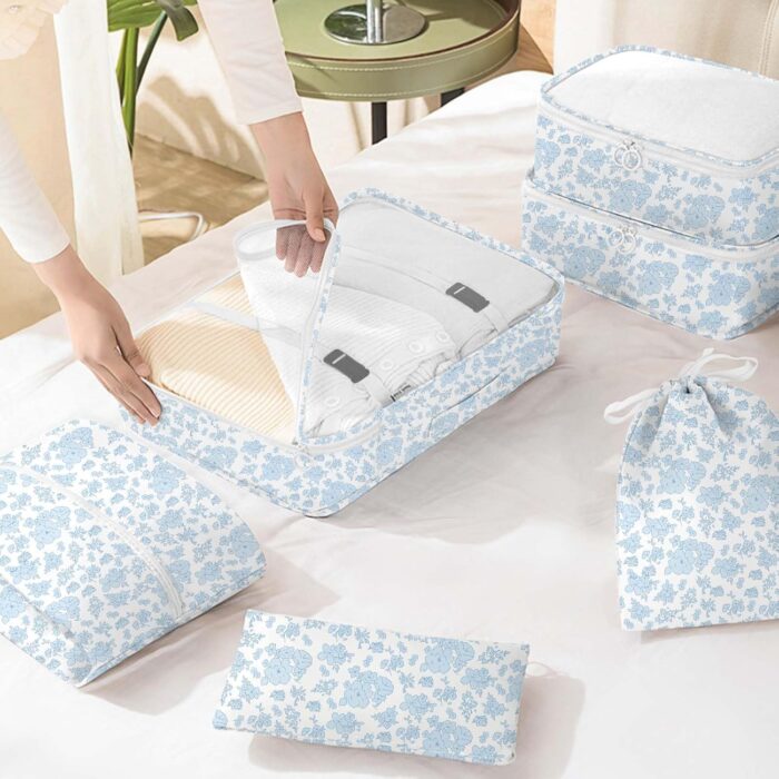 8 Set Packing Cubes for Travel, Luggage Packing Organizers Accessories Large Toiletries Bag for Clothes Shoes Cosmetics (Blue Flower) - Image 6