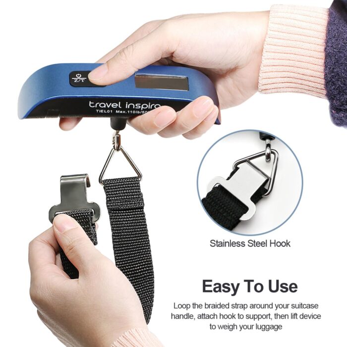 travel inspira Luggage Scale, Portable Digital Hanging Baggage Scale for Travel, Suitcase Weight Scale with Rubber Paint, 110 Pounds, Battery Included - Blue - Image 6
