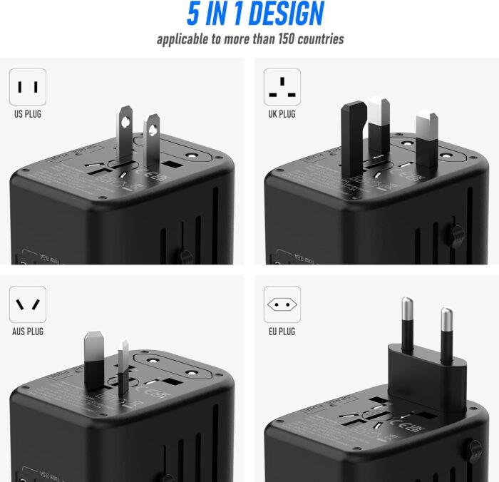 VYLEE Universal International Power Travel Plug Adapter, 5 in 1 European Travel Plug Adapter W/ 3.5A 2xUSB-A and 2xUSB C Wall Charger and Worldwide AC Outlet for Europe USA UK AUS Asia(Rose Gold) - Image 3