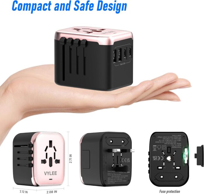 VYLEE Universal International Power Travel Plug Adapter, 5 in 1 European Travel Plug Adapter W/ 3.5A 2xUSB-A and 2xUSB C Wall Charger and Worldwide AC Outlet for Europe USA UK AUS Asia(Rose Gold) - Image 5