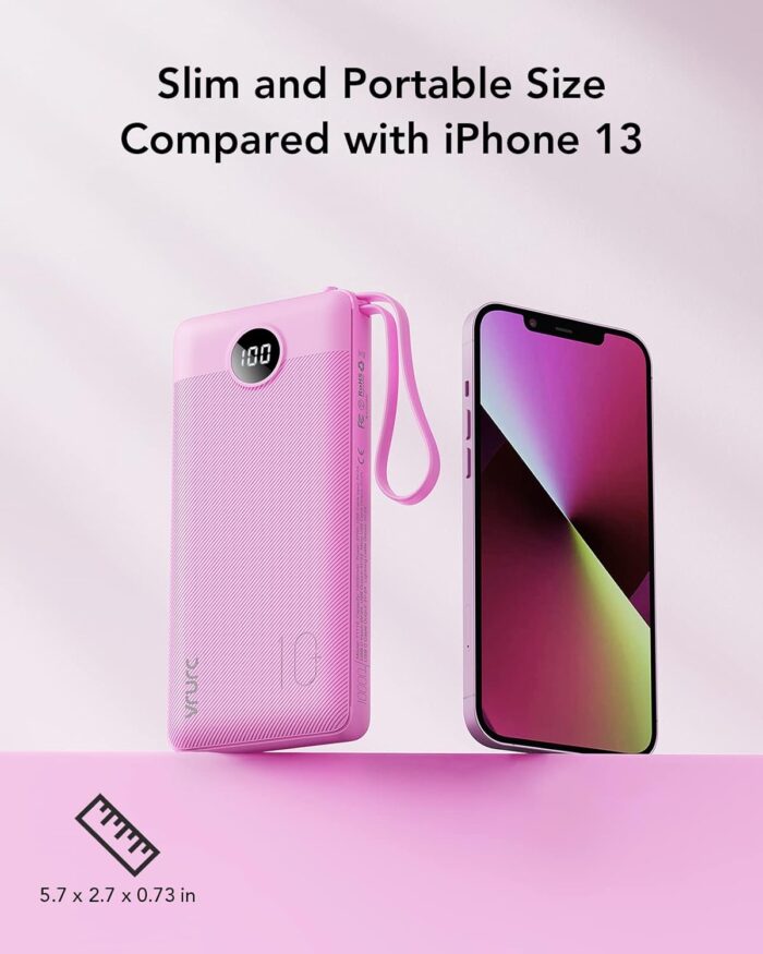 Portable Charger 10000mAh,VRURC Slim LED Display Power Bank, 5 Output 2 Input Cell Phone Battery Pack, Built-in Micro & USB C Cables Phone Charger Compatible with iPhone,Samsung,Android etc-Rose Red - Image 5