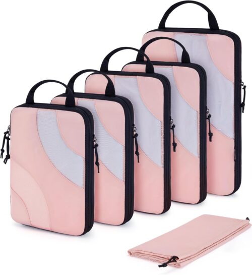 BAGSMART Compression Packing Cubes, 6 Set Travel Packing Cubes for Carry on Suitcases, Compression Suitcase Organizers Bag Set & Travel Storage Bags for Luggage, Packing Organizers Baby Pink