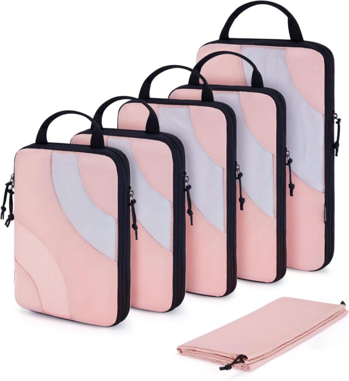 BAGSMART Compression Packing Cubes, 6 Set Travel Packing Cubes for Carry on Suitcases, Compression Suitcase Organizers Bag Set & Travel Storage Bags for Luggage, Packing Organizers Baby Pink