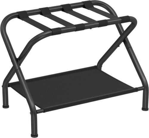 SONGMICS Luggage Rack, Suitcase Stand with Fabric Storage Shelf, Holds up to 110 lb, 27.2 x 15 x 20.5 Inches, Black URLR002B01V1