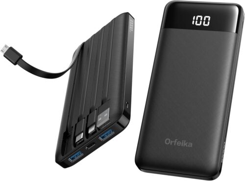 Orfeika Power Bank with Built in Cables, 10000mAh Portable Charger USB C in&Out, Battery Pack with LED Display Travel Essential for iPhone 16 15 14 13 12, Samsung S22 S21 Google LG iPad (Black)