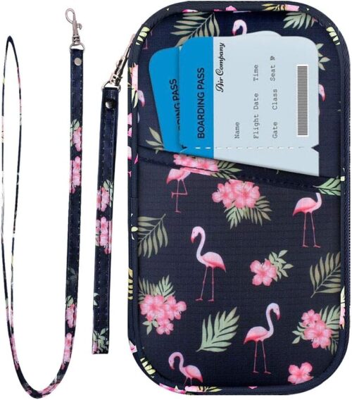 RFID Family Passport Wallet Holder Waterproof, Travel Document Organizer Credit Card Clutch Bag for Men Women (Flamingo)