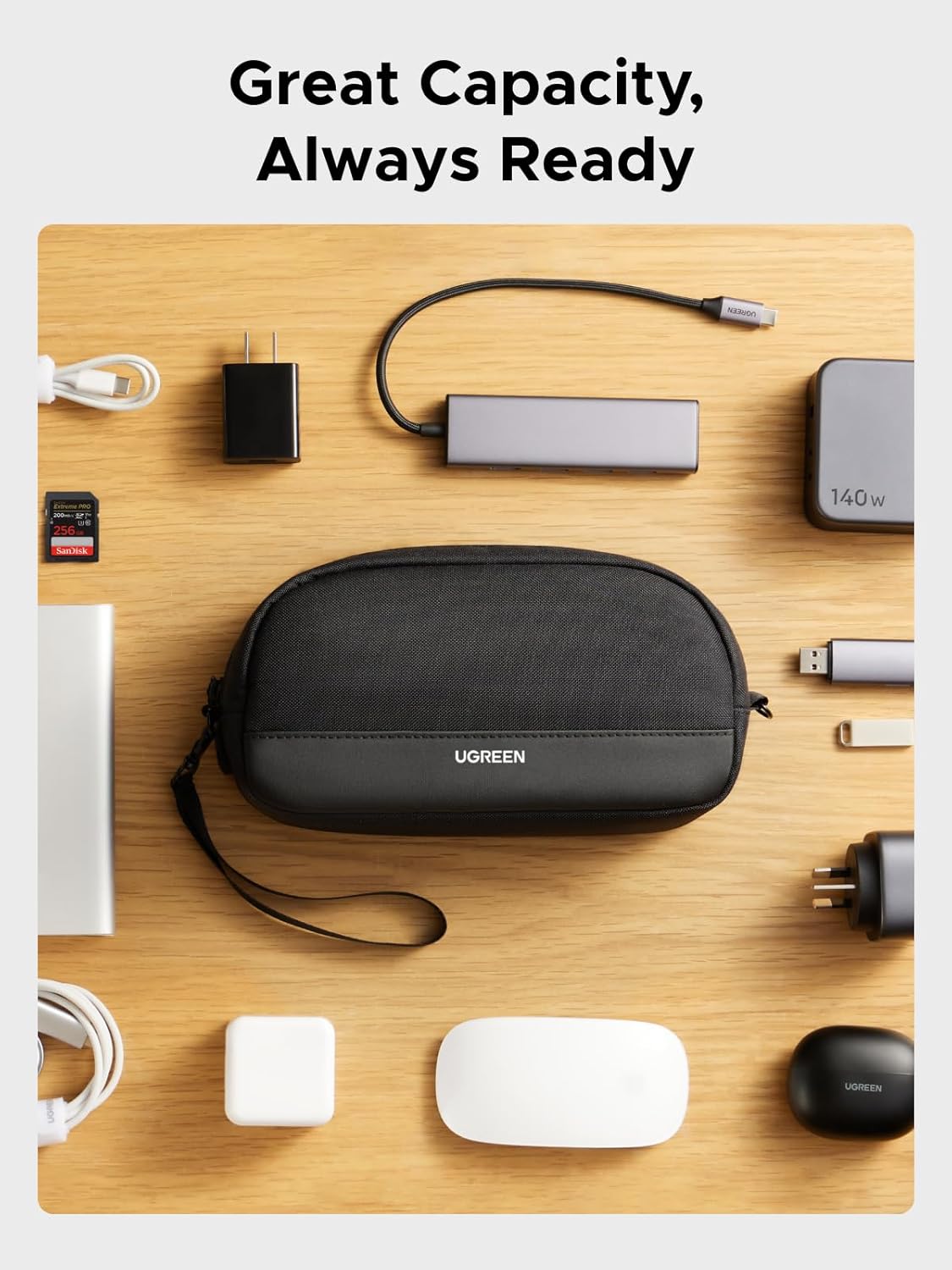 UGREEN Travel Case Electronics Organizer, Tech Pouch Portable Cable/Charger Case with YYK Zipper, Waterproof, Multi-Layer Compatible for Game Cards/Hard Drive, Lightweight and Compact, S - Image 2