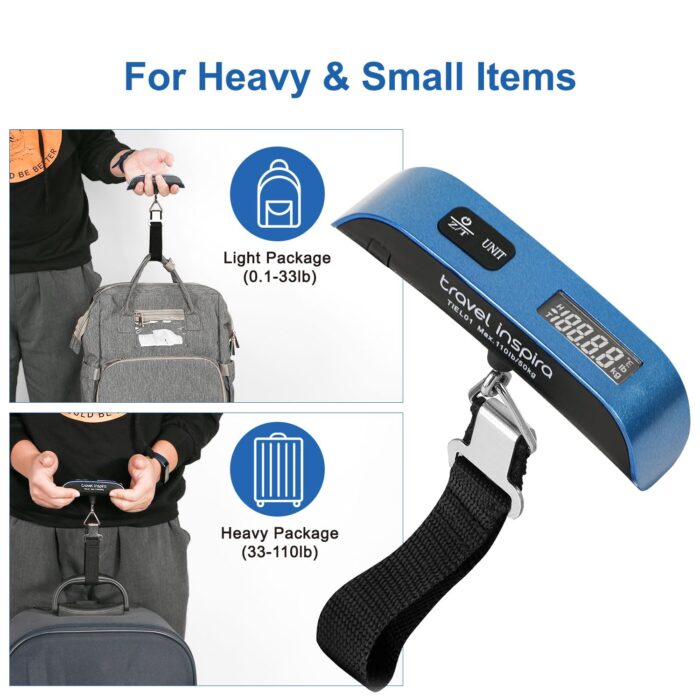 travel inspira Luggage Scale, Portable Digital Hanging Baggage Scale for Travel, Suitcase Weight Scale with Rubber Paint, 110 Pounds, Battery Included - Blue - Image 4