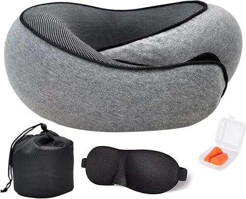 Travel Neck Pillow, Memory Foam Neck Pillow, Travel Set with Eye Mask, Earplugs, Supports The Neck and Head, Suitable for Use in Cars, Airplanes, and Offices.