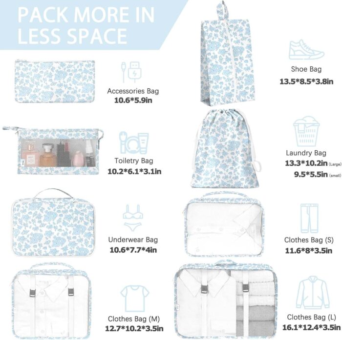 8 Set Packing Cubes for Travel, Luggage Packing Organizers Accessories Large Toiletries Bag for Clothes Shoes Cosmetics (Blue Flower) - Image 2