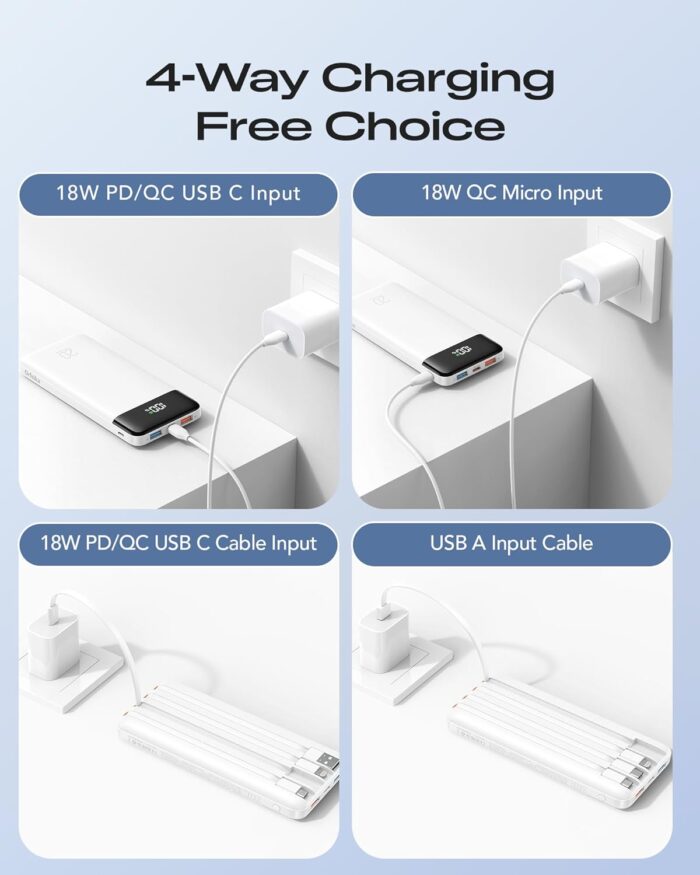 20000mAh Power Bank Fast Charging, Portable Charger with 4 Built-in Cables & 6 Outputs, 20W PD USB C Battery Pack Travel Essential Compatible with iPhone 16/15 Galaxy Google LG iPad & More (White) - Image 8