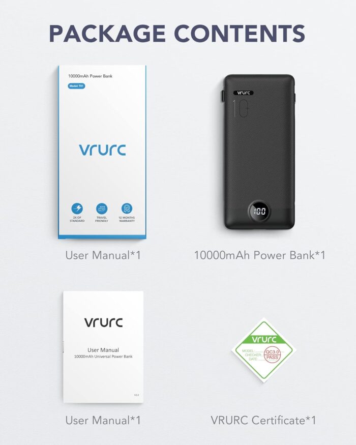 VRURC Portable Charger with Built-in Cables and AC Wall Plug, 10000mAh Power Bank USB C Phone Charger 5 Output 2 Input LED Display Ultra Slim External Battery Pack Compatible with Smart Devices-Black - Image 9