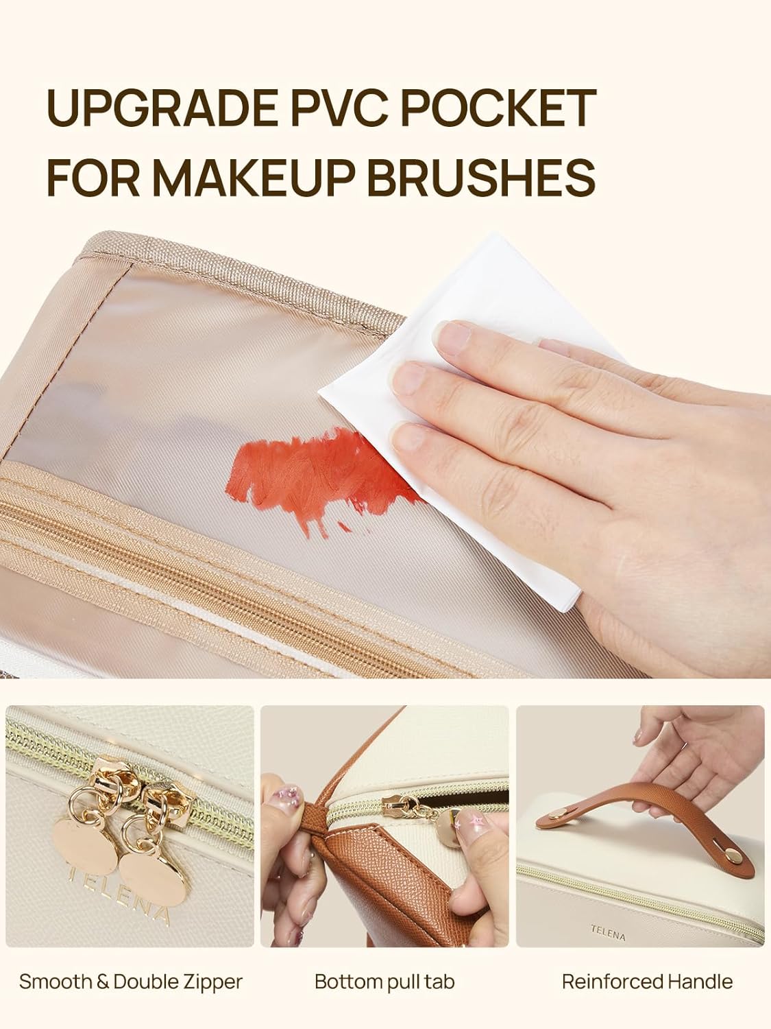 Telena Makeup Bag Large Capacity Travel Cosmetic Bag Portable PU Leather Waterproof Makeup Organizer Bags for Women with Handle and Divider Open Flat Beige with Brown - Image 3