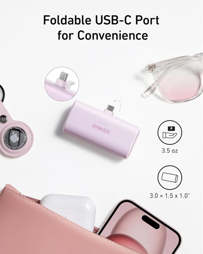 ANKER Nano Power Bank with Built-in USB-C Connector, 5,000mAh Portable Charger 22.5W, for iPhone 16/15 Series, Samsung, iPad Pro/Air, and More - Image 3