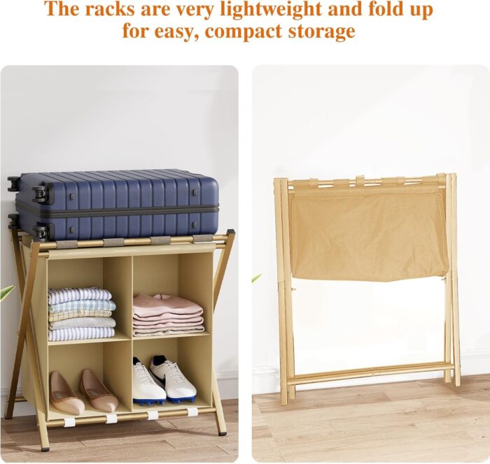 aboxoo Luggage Rack with storage, Guest Room Folding Suitcase Stands, Holds up to 120 lb, Space Saving Suitcase Holders for guest room, Bedroom Hotel, Gold - Image 8