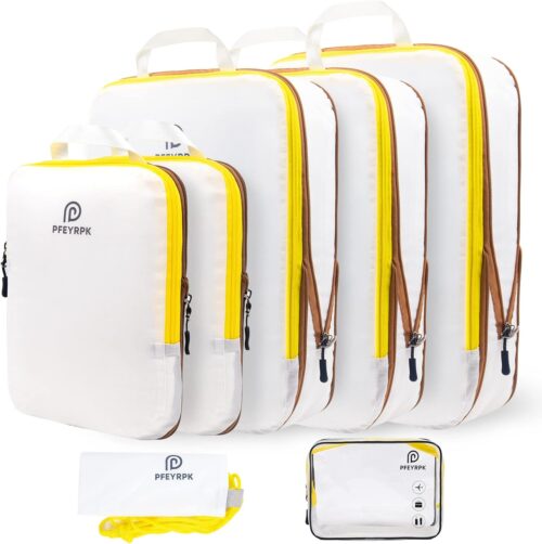 PFEYRPK Lightweight Compression Packing Cubes for Suitcases, Compressible Expandable Travel Packing Organizer with Clear Toiletries and Backpack Bag, Travel Essentials for Carry on Luggage 7 Set