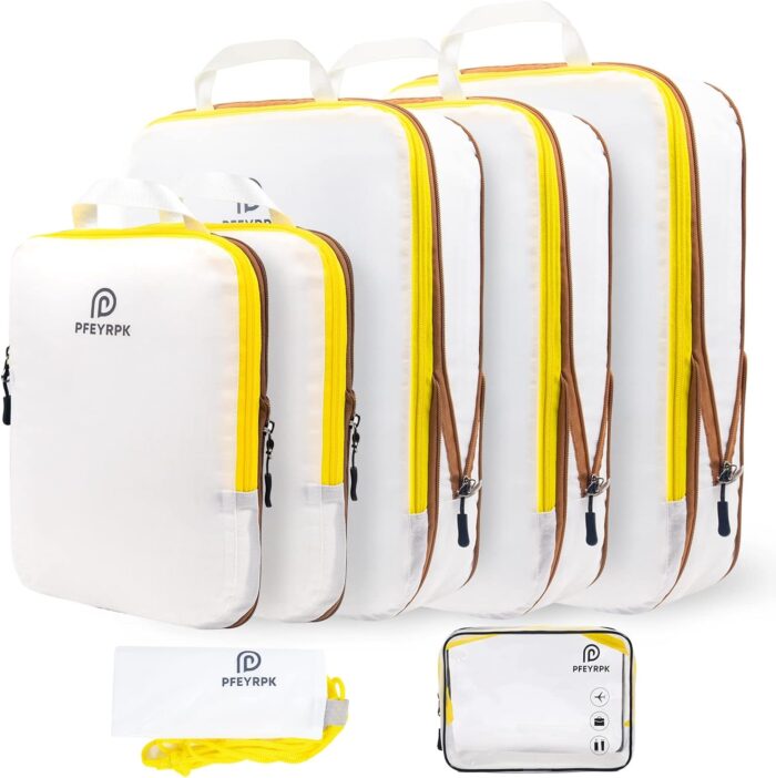 PFEYRPK Lightweight Compression Packing Cubes for Suitcases, Compressible Expandable Travel Packing Organizer with Clear Toiletries and Backpack Bag, Travel Essentials for Carry on Luggage 7 Set