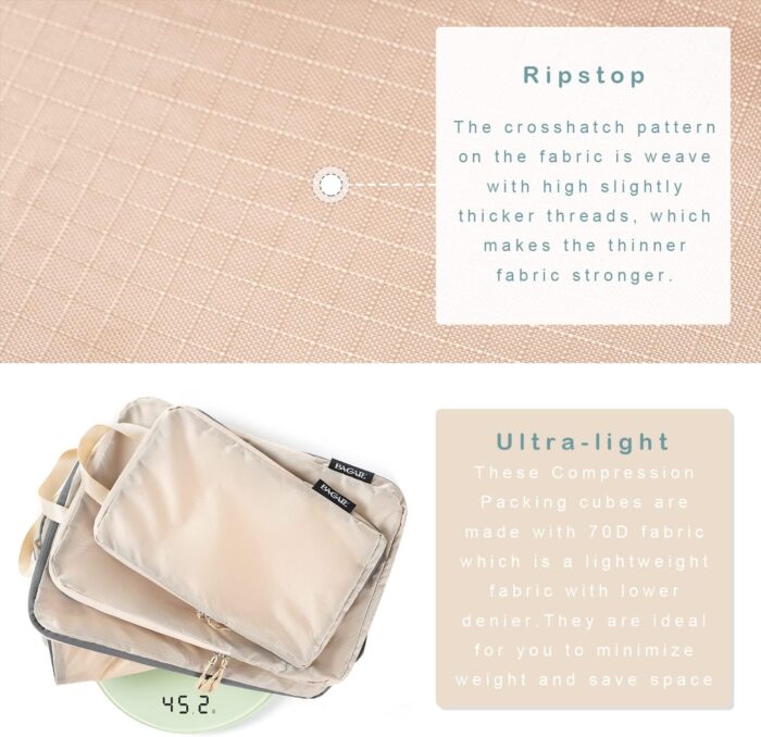 BAGAIL 6 Set Ultralight Compression Packing Cubes Packing Organizer with Shoe Bag for Travel Accessories Luggage Suitcase Backpack(70D,Beige) - Image 4