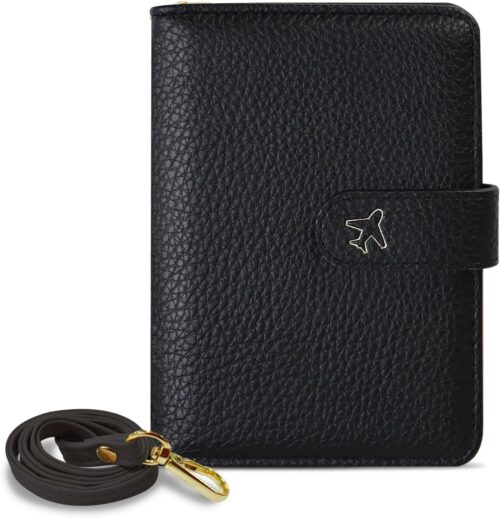 AdiStylinno Passport Holder, PU Leather Passport Wallet with Neck Strap, Travel RFID Blocking Card Cover Case for Men Women (Black)