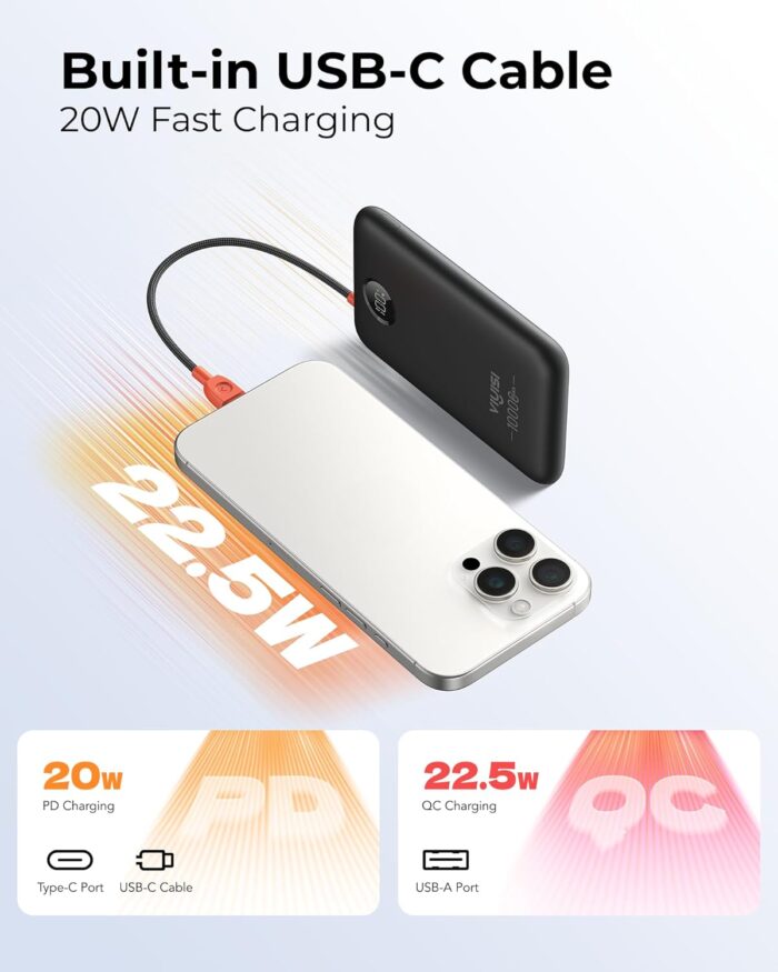 VIYISI Portable Charger 10000mAh 22.5W Fast Charging, Slim Power Bank with Built-in Cables & LED Display, USB C Battery Pack for iPhone 16/15, Samsung, iPad and Android Phones, Ideal for Travel -Black - Image 3