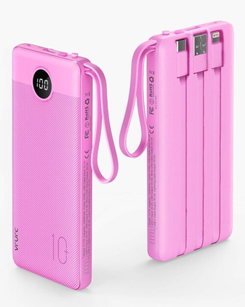 Portable Charger 10000mAh,VRURC Slim LED Display Power Bank, 5 Output 2 Input Cell Phone Battery Pack, Built-in Micro & USB C Cables Phone Charger Compatible with iPhone,Samsung,Android etc-Rose Red