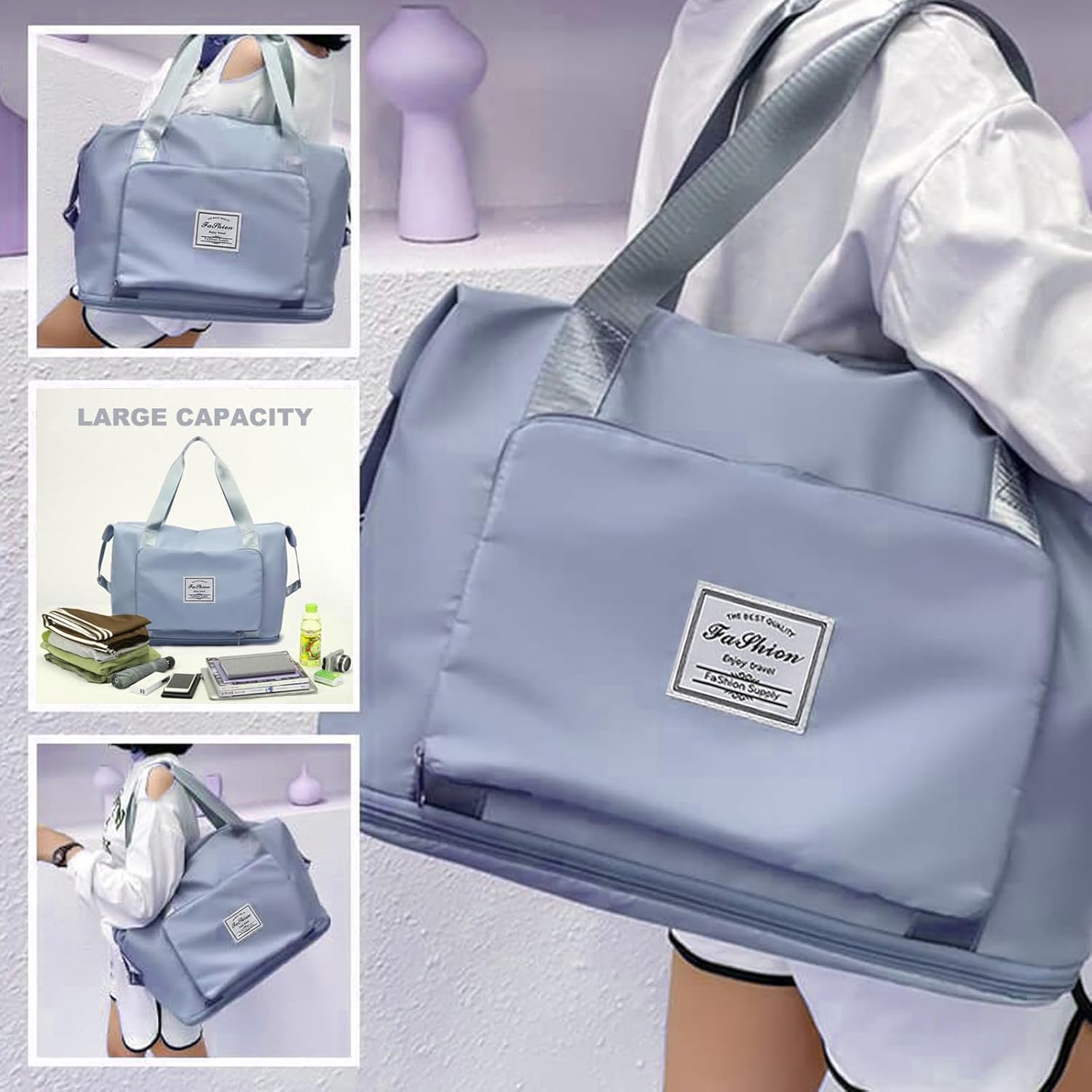 Large Capacity Travel Bag, Foldable Travel Bag, Expandable Travel Duffel Bag, Collapsible Waterproof Large Capacity Travel Handbag, Overnight Bag for Women and Man (Blue) - Image 2