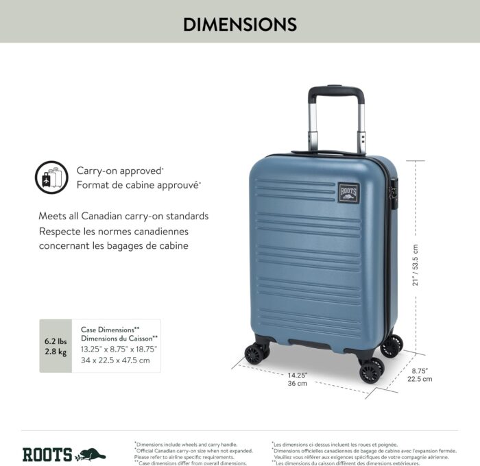 ROOTS Chalet Collection Hardside Carry-On Luggage – Lightweight Suitcase with 8 Spinner Wheels and Integrated TSA Lock, Retractable Push-Button Handle – Misty Blue, 21-Inch - Image 3