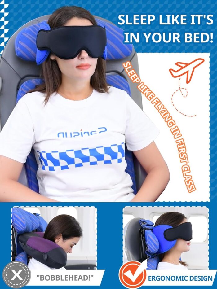 SARISUN Travel Pillow, Neck Pillow with Eye Mask, Airplane Pillow for Long Flight Sleeping Travel, Kids Travel Pillow for Car, Road Trip Car Headrest, Stop Bobblehead, Neck Pain Relief, Black - Image 2