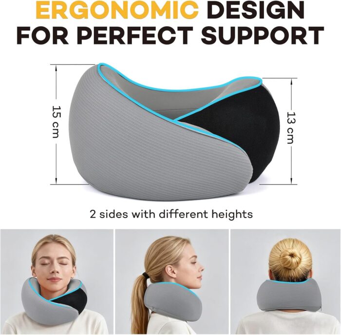 360° Support Memory Foam Travel Neck Support Pillow for Car and Airplane Sleeping; Ergonomic Pillow for Neck Pain Relief and Comfort; Airplane Neck Pillow for Traveling on Long Flight (Gray) - Image 3