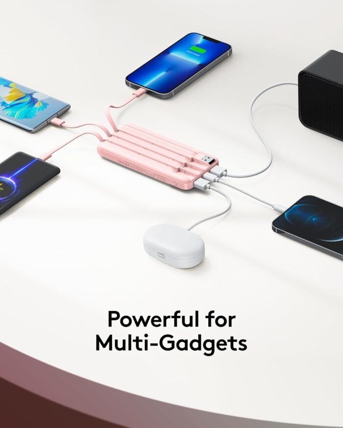 Orfeika Power Bank with Built in Cables, 10000mAh Portable Charger USB C in&Out, Battery Pack with LED Display Travel Essential for iPhone 16 15 14 13 12, Samsung S22 S21 Google LG iPad (Pink) - Image 3