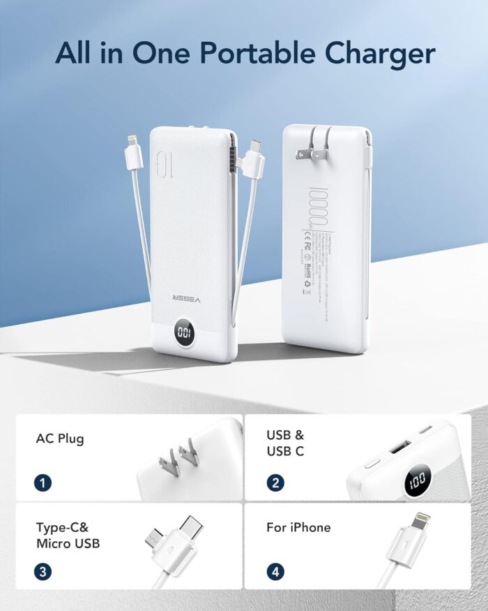 VEGER Portable Charger, 10000mAh Power Bank with Built-in Cables&Wall Plug, USB C Phone Chargers 5 Outputs 2 Inputs Travel Essentials, Slim External Battery Pack Compatible with iPhone, Android(White) - Image 2
