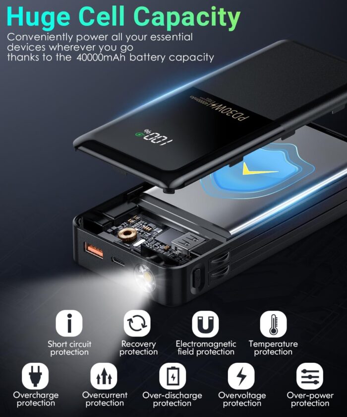 Power-Bank-Portable-Phone-Charger - 40000mAh Power Bank PD30W Fast Charger Built-in 2 Detachable Output Cables, Flashlight and LED Display for iPhone and Android Phones and Most Electronic Devices - Image 7