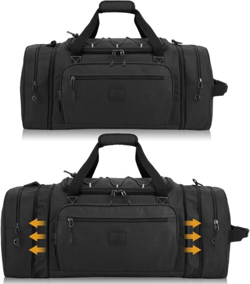 Laripwit Travel Duffle Bag Men with Elastic Mesh Expandable 45-50L Medium Sports Gym Duffel Bag Women with shoulder Strap Multifunctional for Fitness Weekender Overnight Traveling Business Trips Black