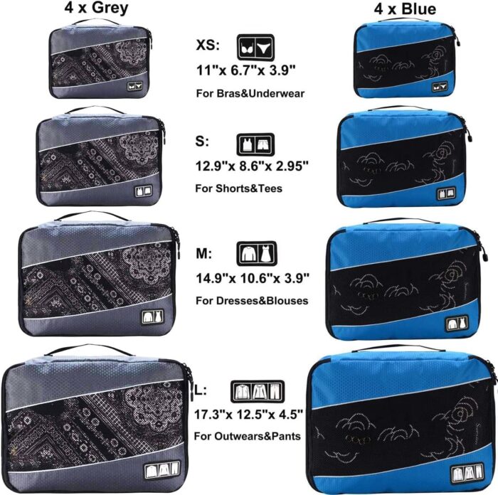 Voniry 8 Packing Cubes Waterproof Mesh Travel Luggage Bags Organizer Durable Travel Accessories With Clothing Label(gray&blue) - Image 2