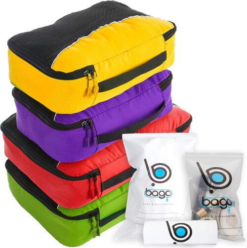 bago 7 Pcs Packing Cubes Travel Organizer - 4 Packing Cube with 3 ZipLock Bags - Travel Packing Cubes to Get Maximum Storage, Save Time & Effort to Pack - Happy Traveling (GreenRedPurpleYellow)
