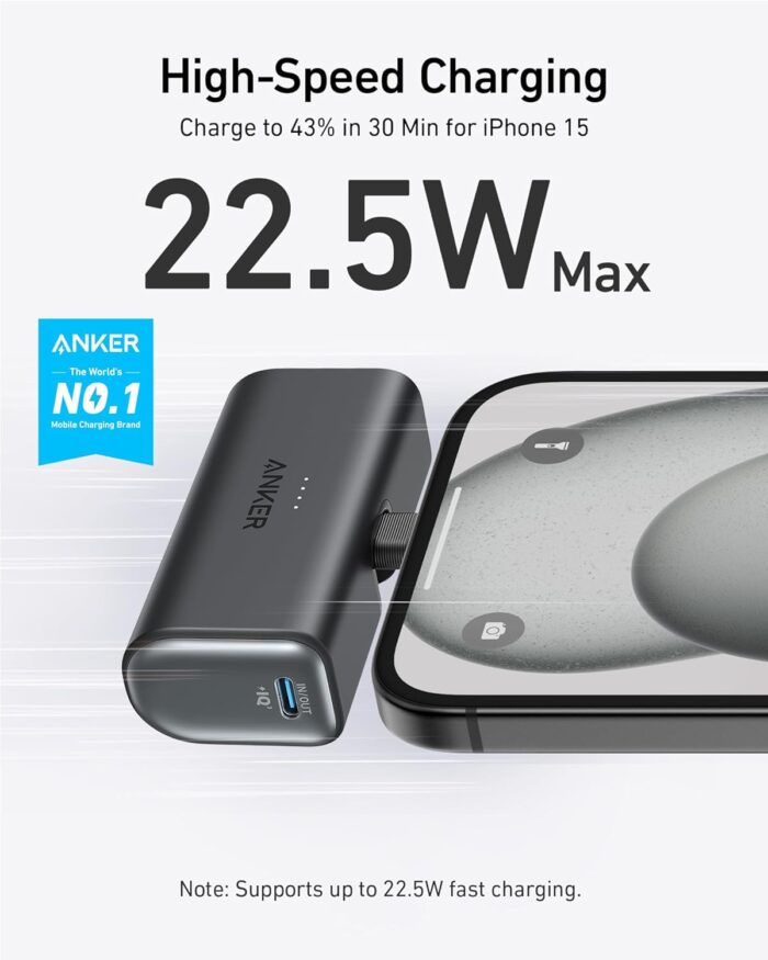 ANKER Nano Power Bank with Built-in USB-C Connector, 5,000mAh Portable Charger 22.5W, for iPhone 16/15 Series, Samsung, iPad Pro/Air, and More - Image 2