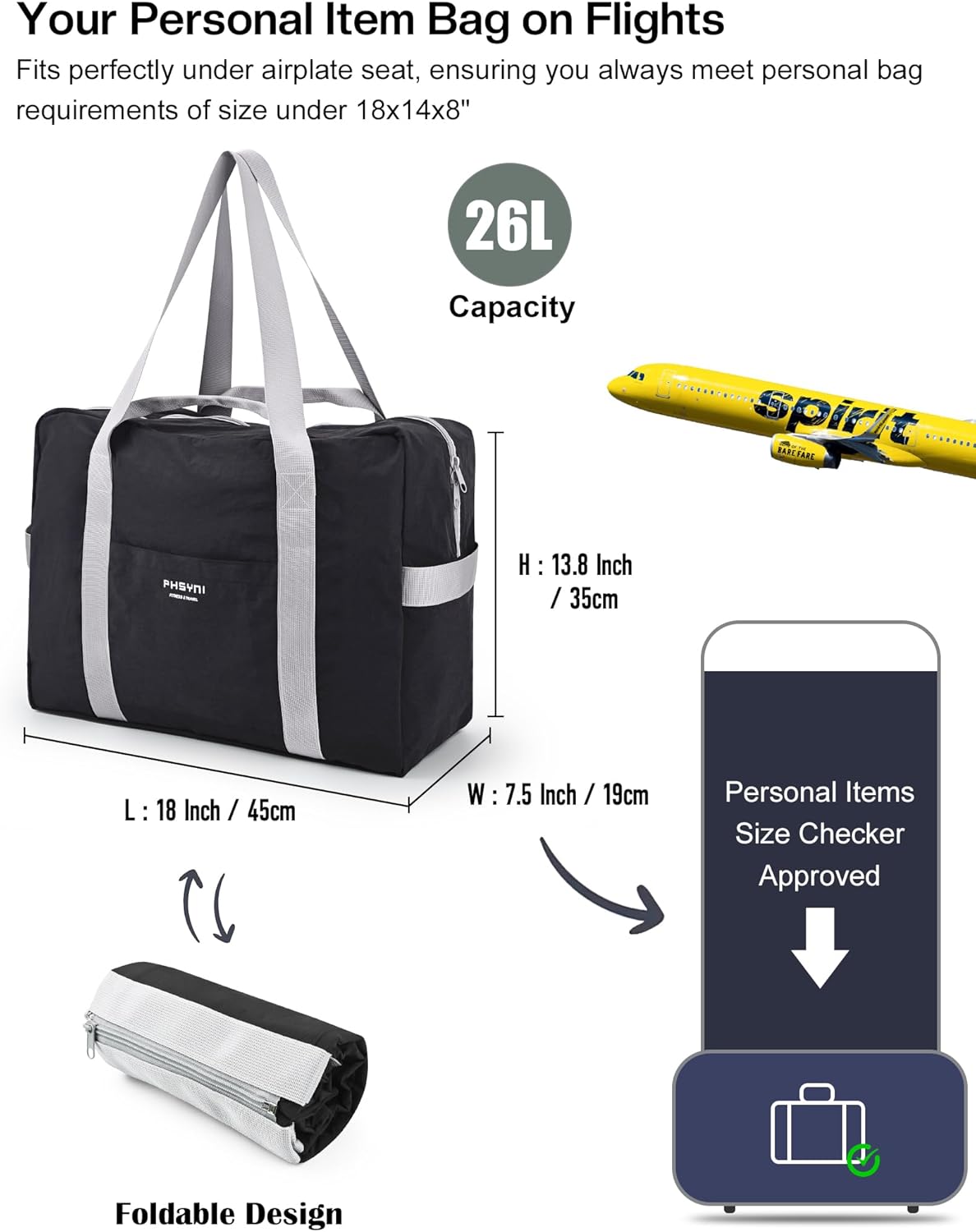 Foldable Duffel Bag 18x14x8 Inches,Personal Item Bag for Frontier & Spirit Airlines,Portable Travel Bag for School, Moving and Camping,Black - Image 2