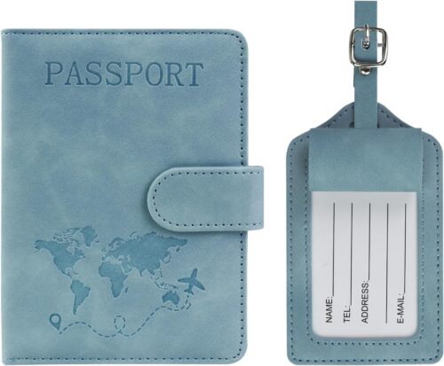 FuninCrea Passport Holder and Luggage Tag Set, Faux Leather Passport Wallet with RFID Blocker for Cards, ID and Travel Documents, Multiple Slots Travel Wallet for Women Men (Blue)