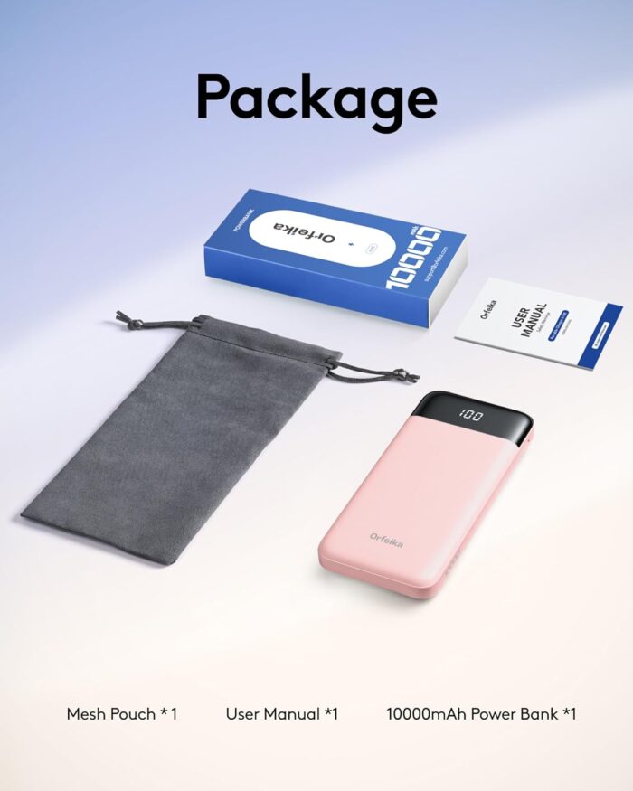 Orfeika Power Bank with Built in Cables, 10000mAh Portable Charger USB C in&Out, Battery Pack with LED Display Travel Essential for iPhone 16 15 14 13 12, Samsung S22 S21 Google LG iPad (Pink) - Image 9
