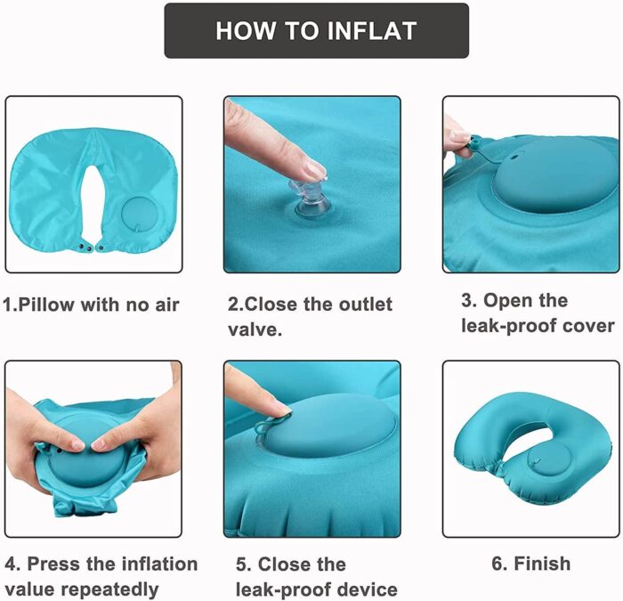 Inflatable Travel Pillow with Built-in Pump - Portable Neck Pillow Fast Blow Up Neck Cushion with Comfy Elasticity Fabric for Neck Support Sleep Rest Airplane Car Office Outdoor & etc. - Green, TZX01 - Image 6