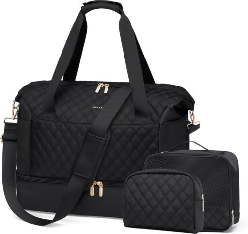 MDODO Travel Duffel Bag, Weekender Duffle Bags for Women with Wet Pocket and Shoes Compartment Carry on Overnight Bag for Women Travel Gym Yoga Business Trips Sports Hospital Bag,3pcs,Black